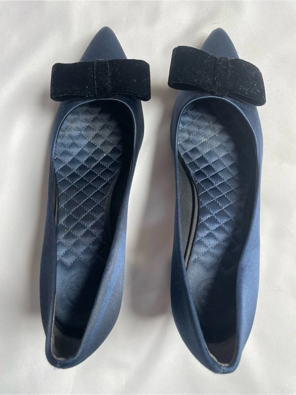 Tory Burch Navy Satin Pointed Flats with Black Velvet Bow